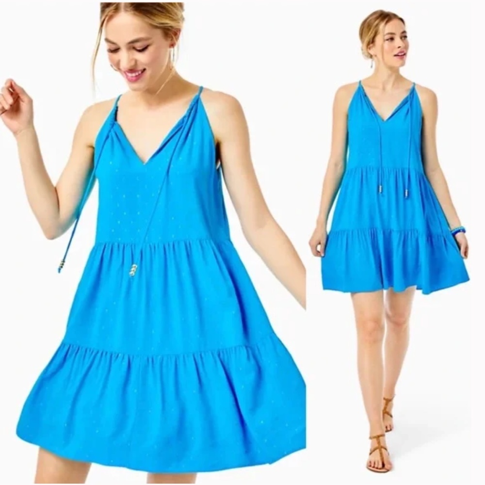 Lilly Pulitzer LITIA Swing Dress Formentera Turquoise Metallic Clip Dot XS NWT